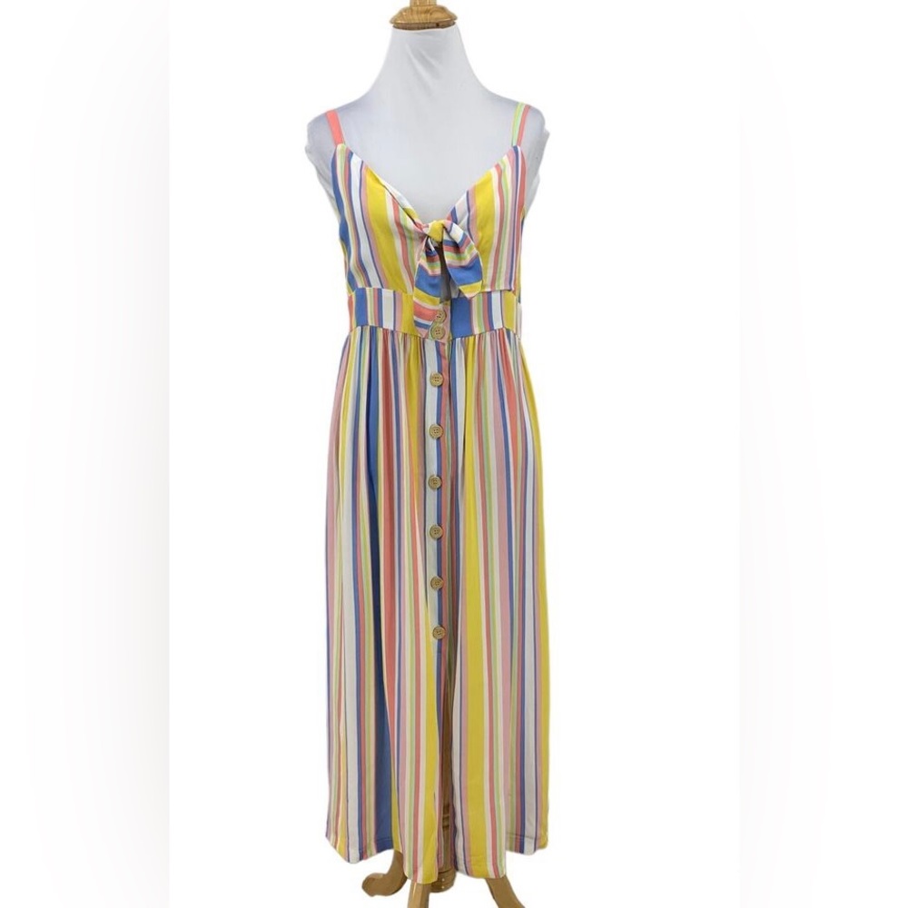 LUSH Pastel Striped Tie Front Cut Out Button Through Midi dress, size large, NWT